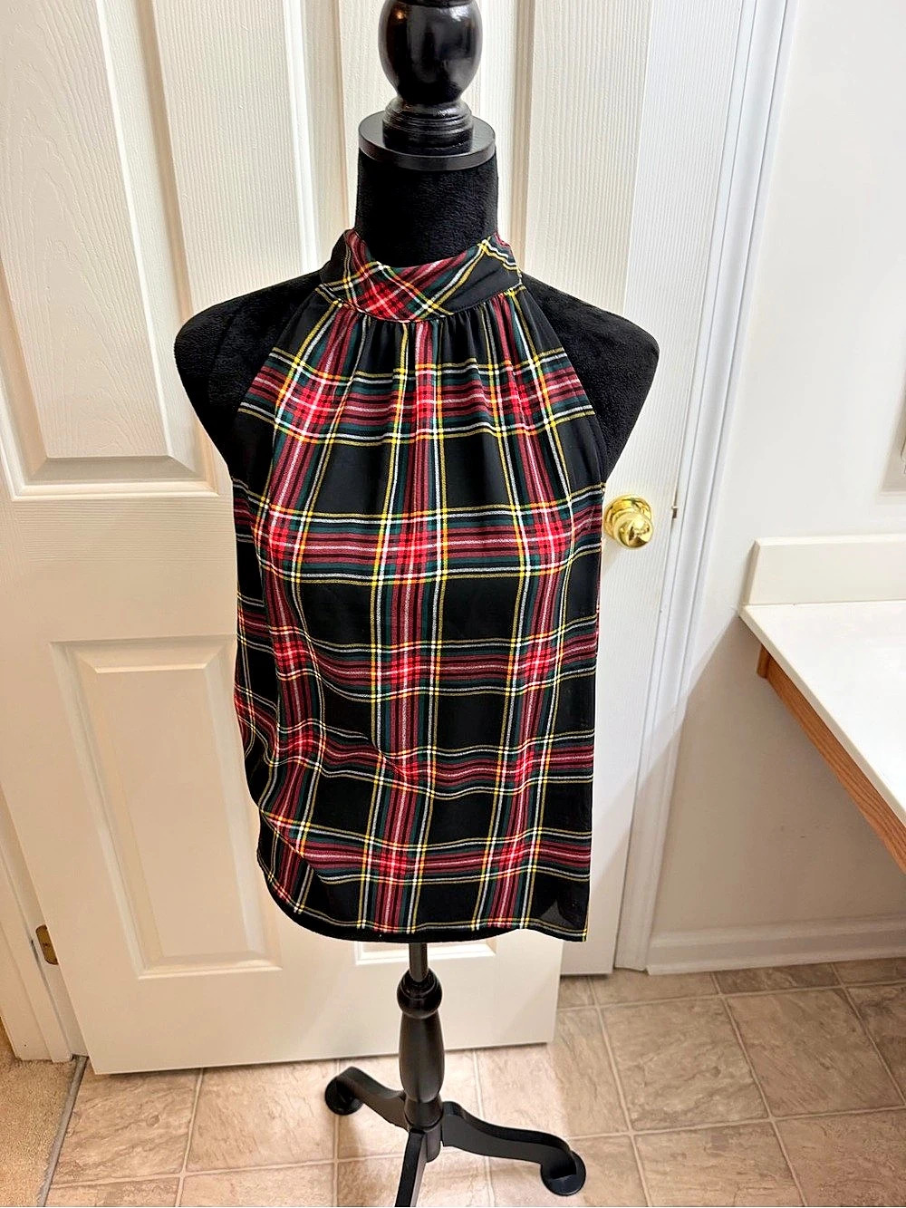 J.Crew Halter top with necktie in Stewart tartan chiffon blend Stewart Tartan